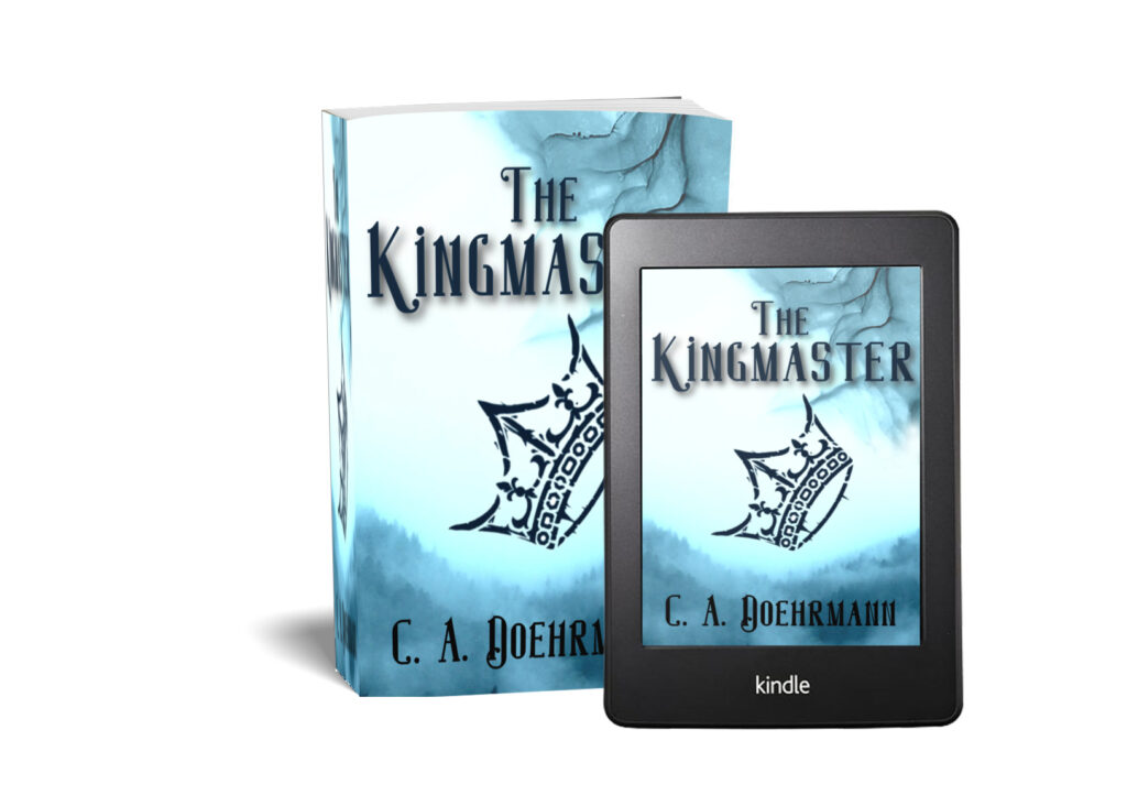 An image of a fantasy book called The Kingmaster, both in the form of a print book and an ebook.